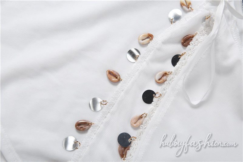 Irregular shell applique chiffon self tie mini skirt