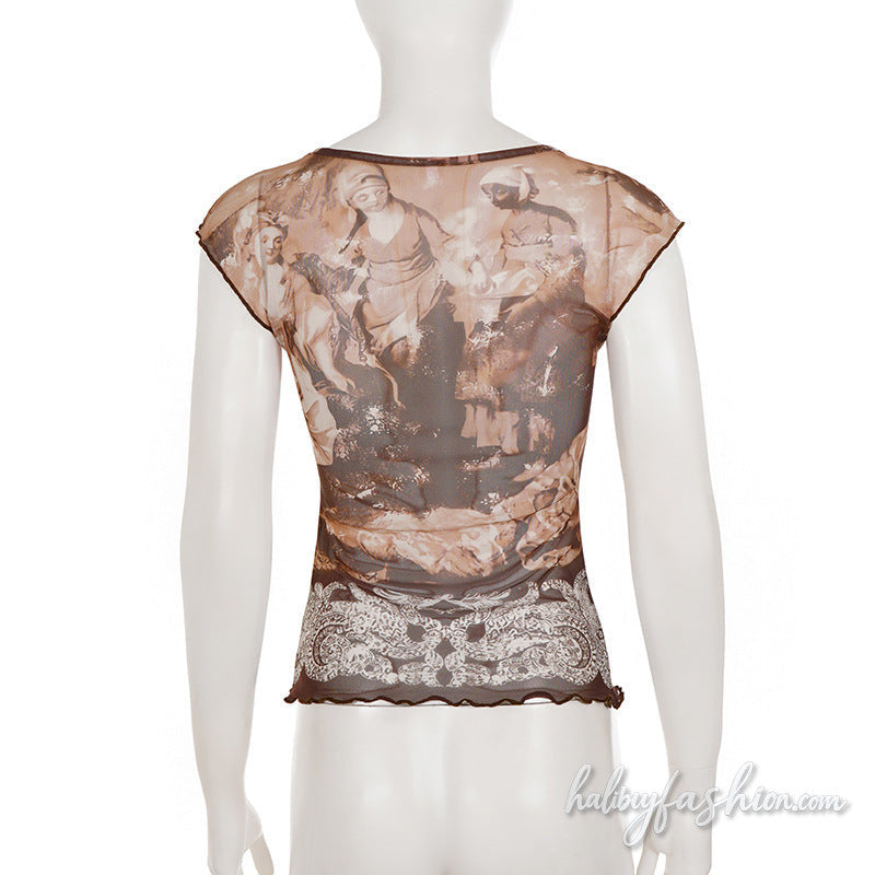 Cap sleeve ruffle crewneck print mesh top