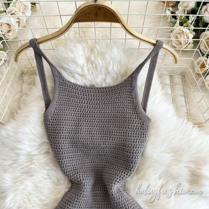 U neck knitted hollow out cami mini dress