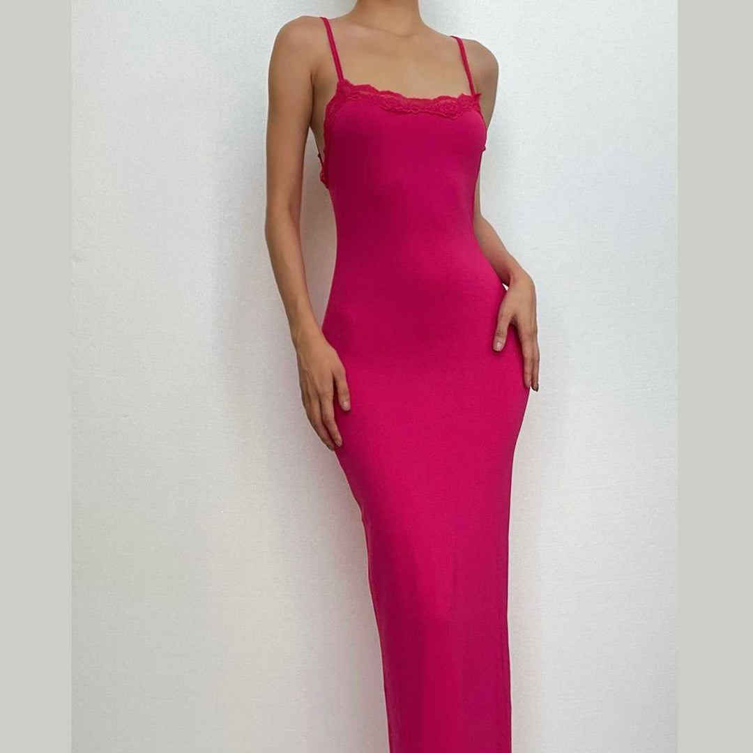 Lace hem square neck solid backless cami maxi dress- Final Sale