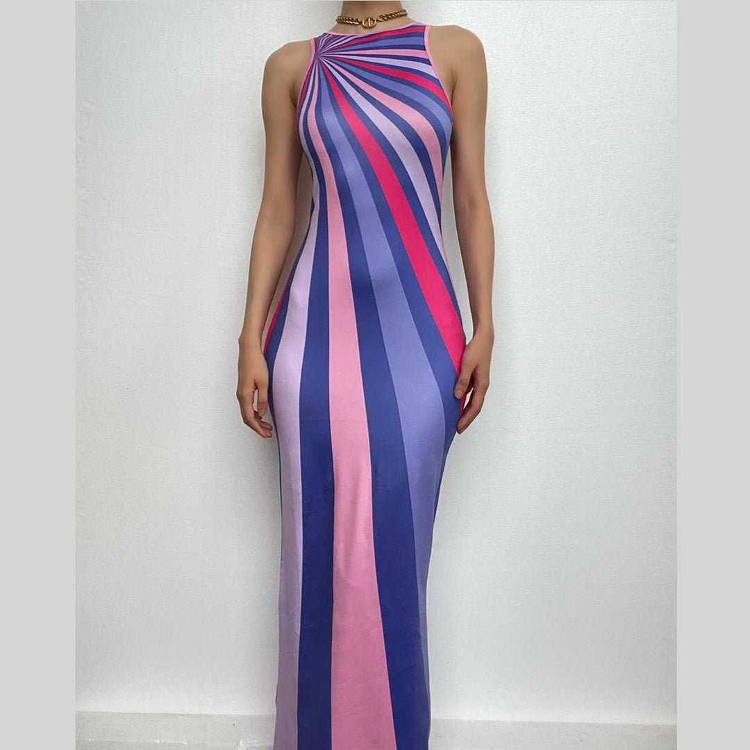 Striped contrast sleeveless backless crewneck maxi dress-final-sale  | Festival Outfits Women