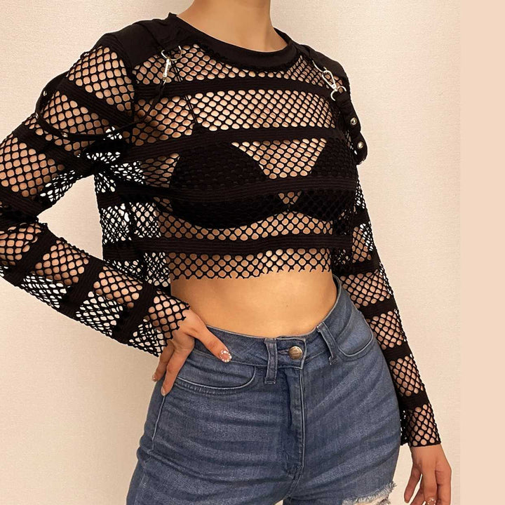 Hollow out long sleeve fishnet see through buckle solid crop cut out top