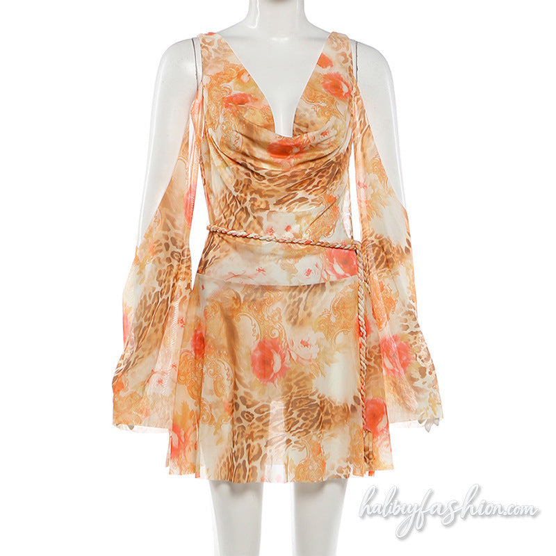 Cowl neck leopard print mesh hollow out mini dress