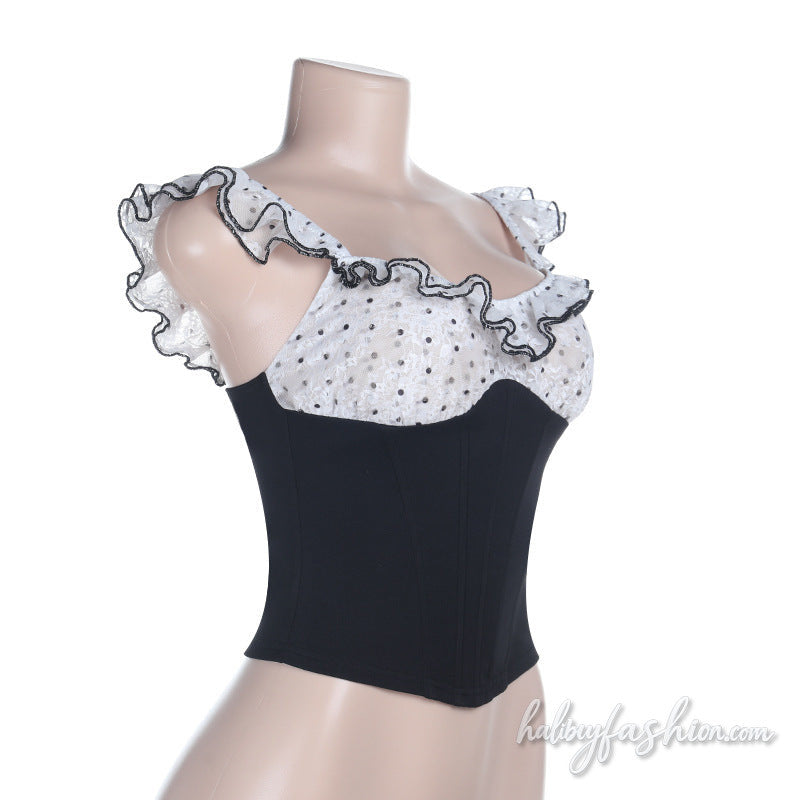 Polka dot ruffle corset contrast top