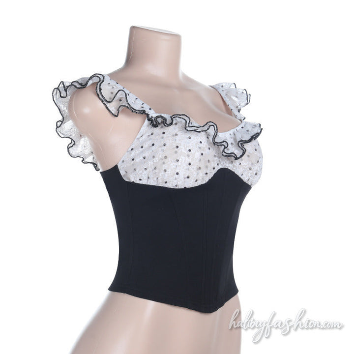 Polka dot ruffle corset contrast top