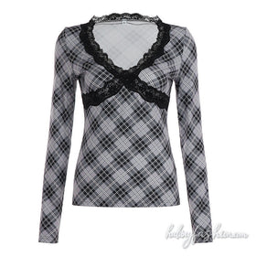 Long sleeve plaid lace hem v neck top