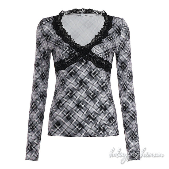 Long sleeve plaid lace hem v neck top