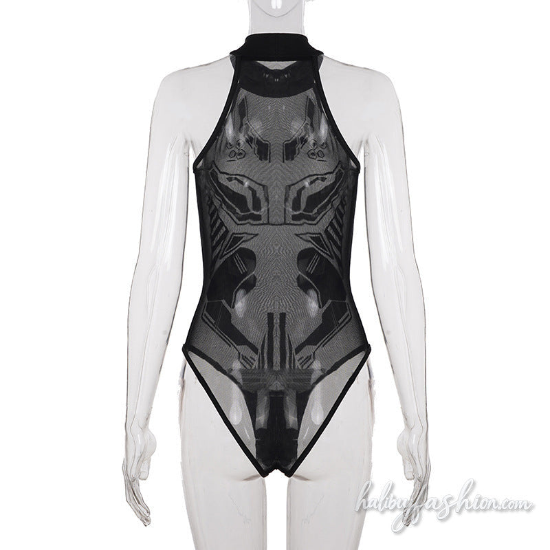 Crewneck mesh button print solid bodysuit