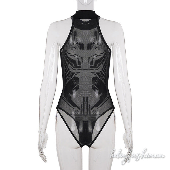 Crewneck mesh button print solid bodysuit