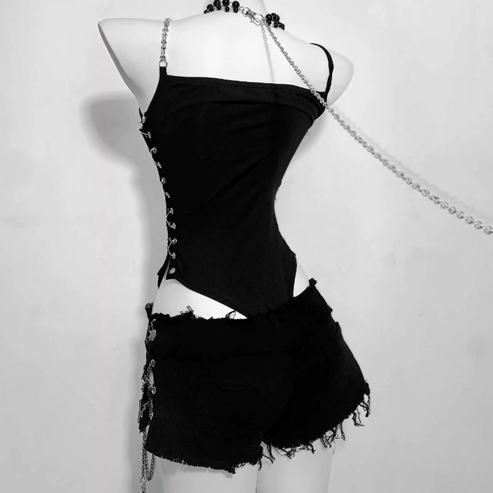 Hollow out v neck print metal chain cami bodysuit  | Festival Outfits Women