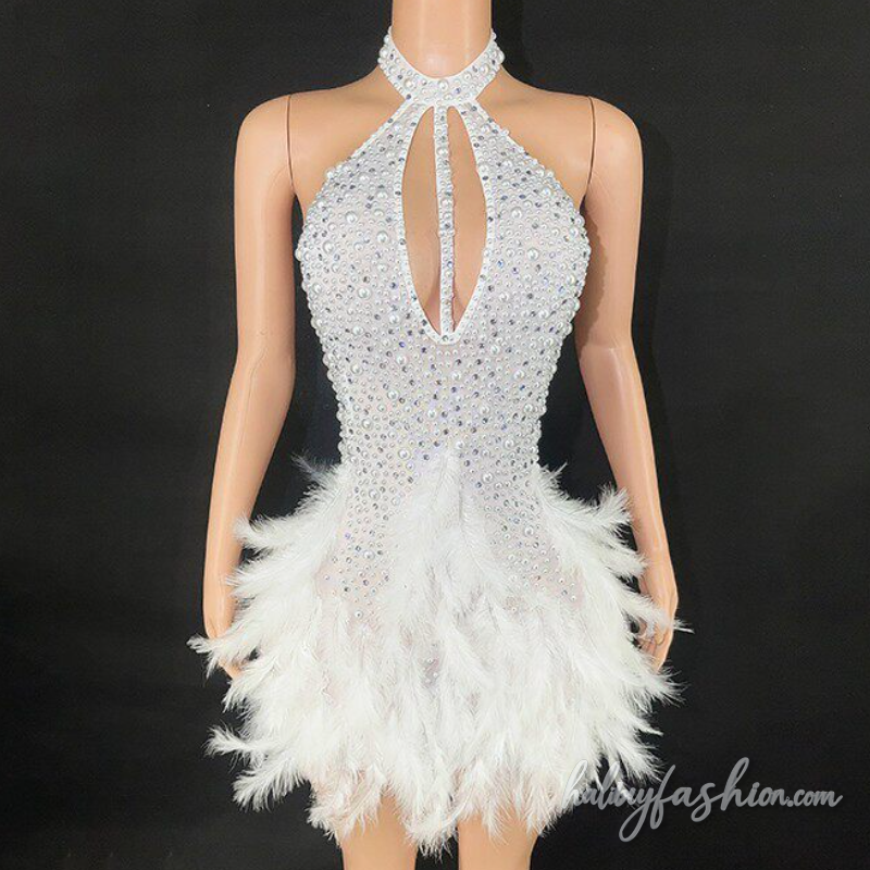 Halter hollow out beaded feather mini dress