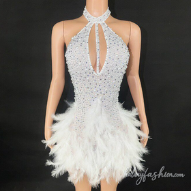 Halter hollow out beaded feather mini dress