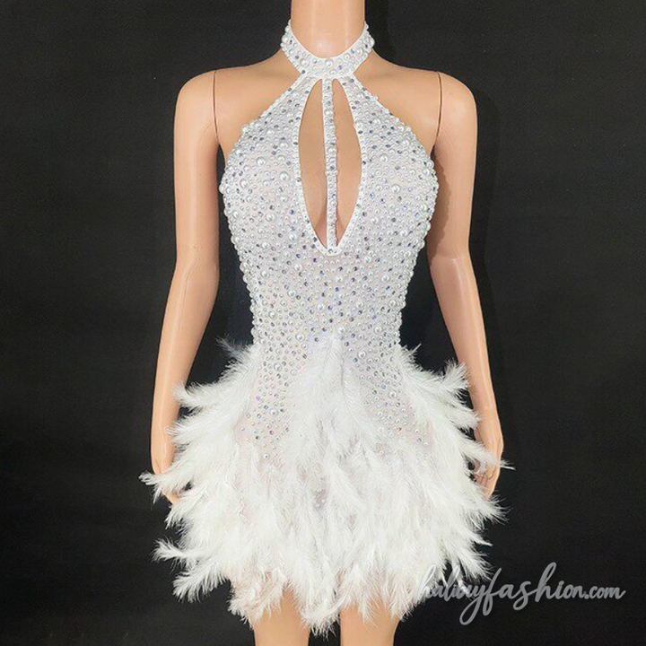 Halter hollow out beaded feather mini dress