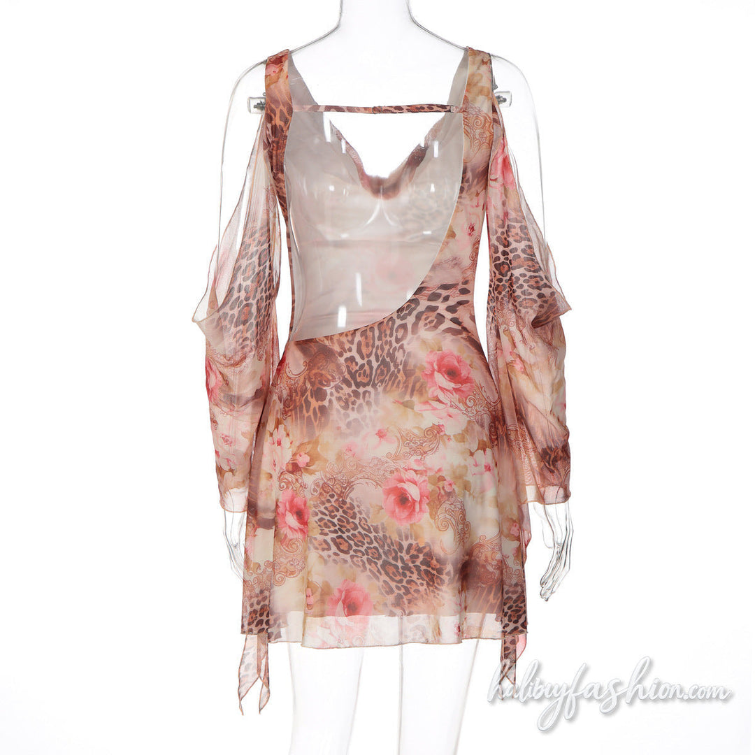 Cowl neck flower print long sleeve mesh mini dress - Halibuy - 4