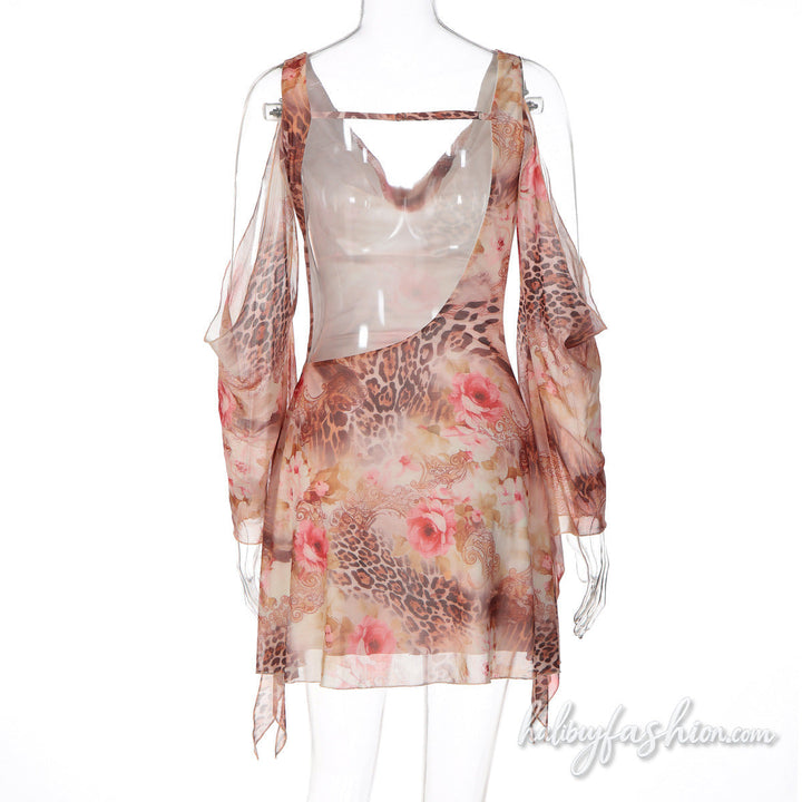 Cowl neck flower print long sleeve mesh mini dress - Halibuy - 4
