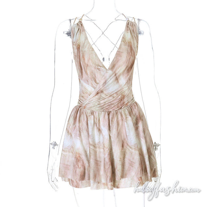 Cross back ruched print v neck mini dress