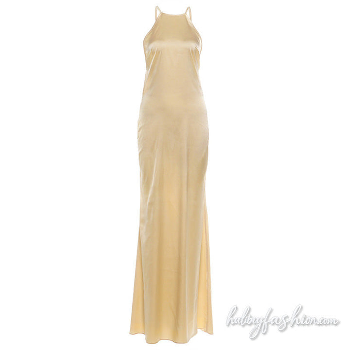 Crewneck backless beaded solid maxi dress