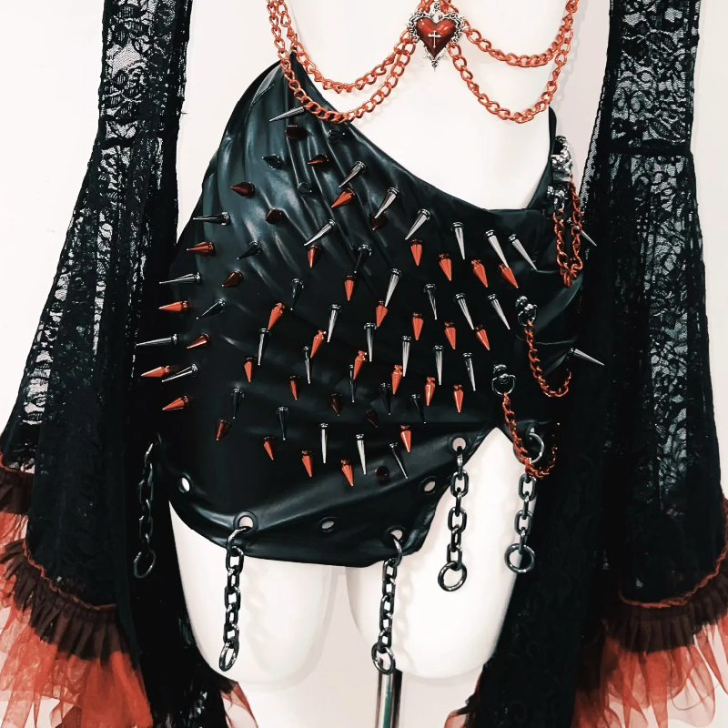 Long flared sleeve halter PU leather o ring rivet mini skirt set Cargo Mini Skirt  | Festival Outfits Women