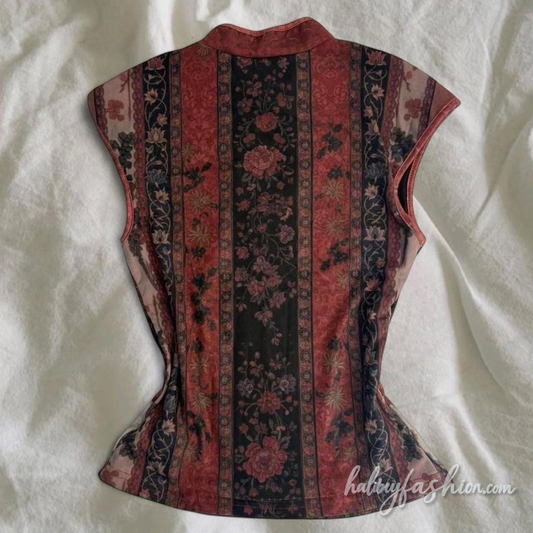 Hollow out cap sleeve flower print top