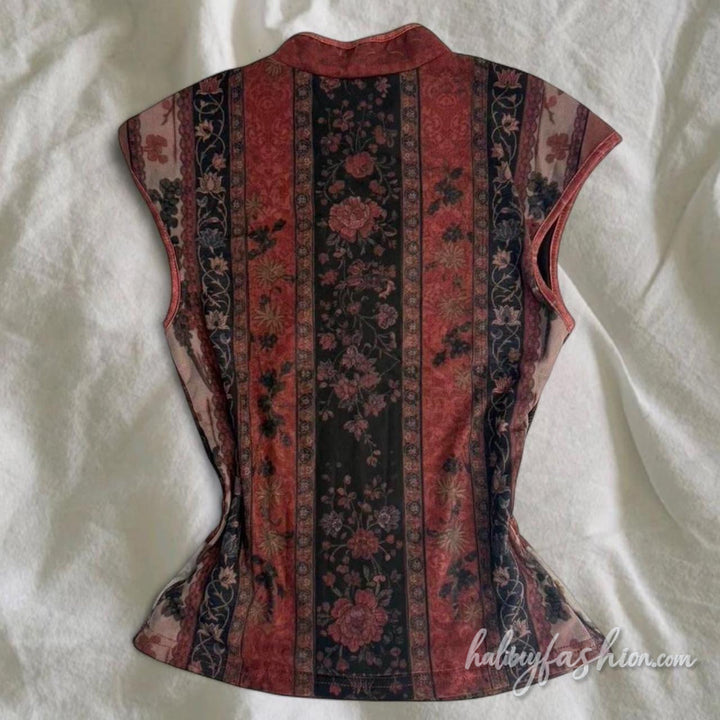 Hollow out cap sleeve flower print top