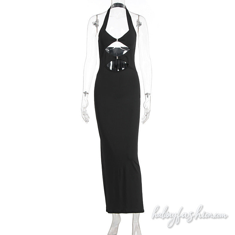 Halter hollow out slit v neck solid maxi dress - Halibuy - 3