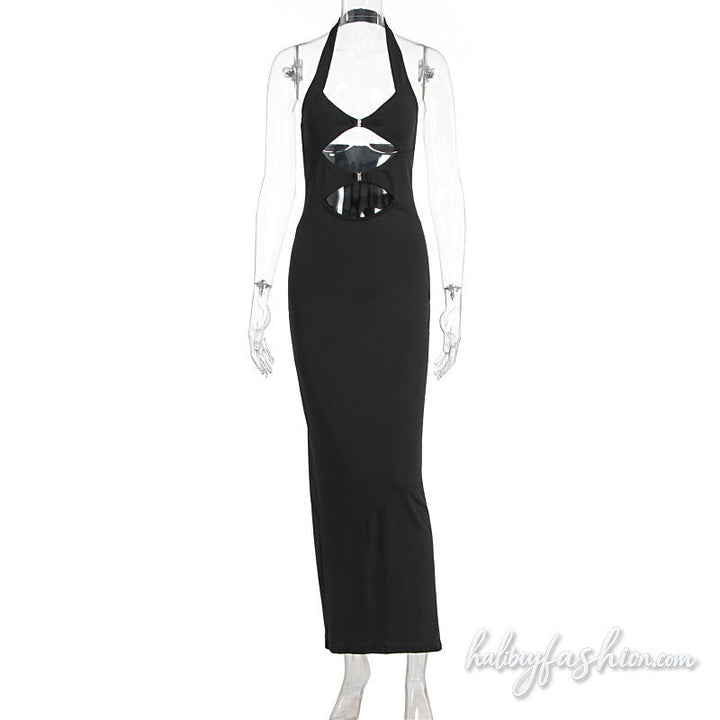 Halter hollow out slit v neck solid maxi dress - Halibuy - 3