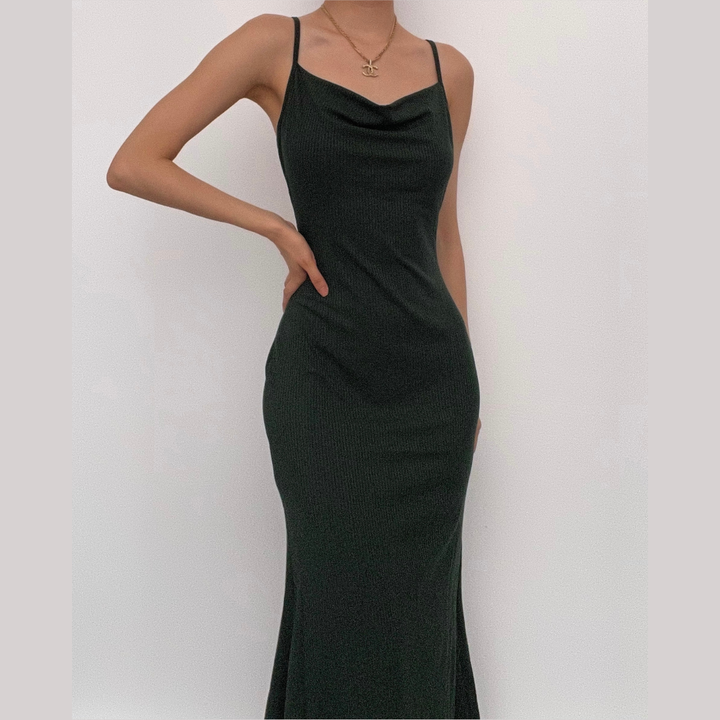 Sleeveless solid ribbed cowl neck backless ruffle maxi dress-final-sale  | Festival Outfits Women