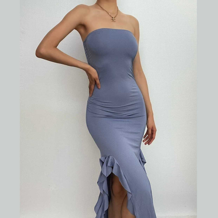 Solid slit irregular ruffle ribbon backless tube midi dress - Final Sale