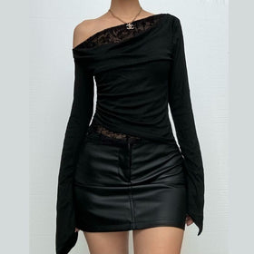 Off shoulder long flared sleeve mesh patchwork top  | Festival Outfits Women