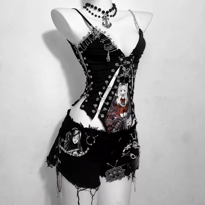 Hollow out v neck print metal chain cami bodysuit  | Festival Outfits Women