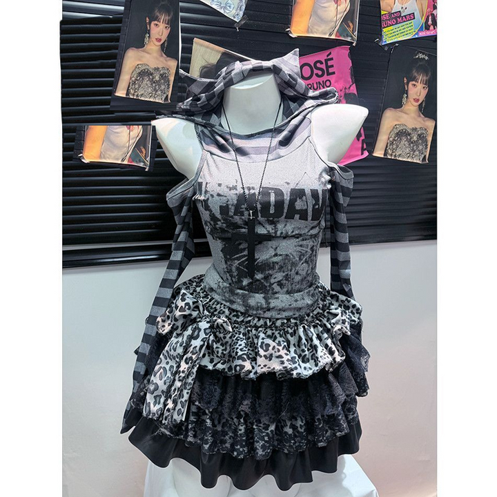 Hoodie long sleeve hollow out leopard print ruffle mini skirt set  | Festival Outfits Women  | Leopard Print Mini Dress