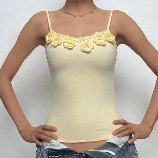 Flower applique lace hem ruffle cami top  | Festival Outfits Women