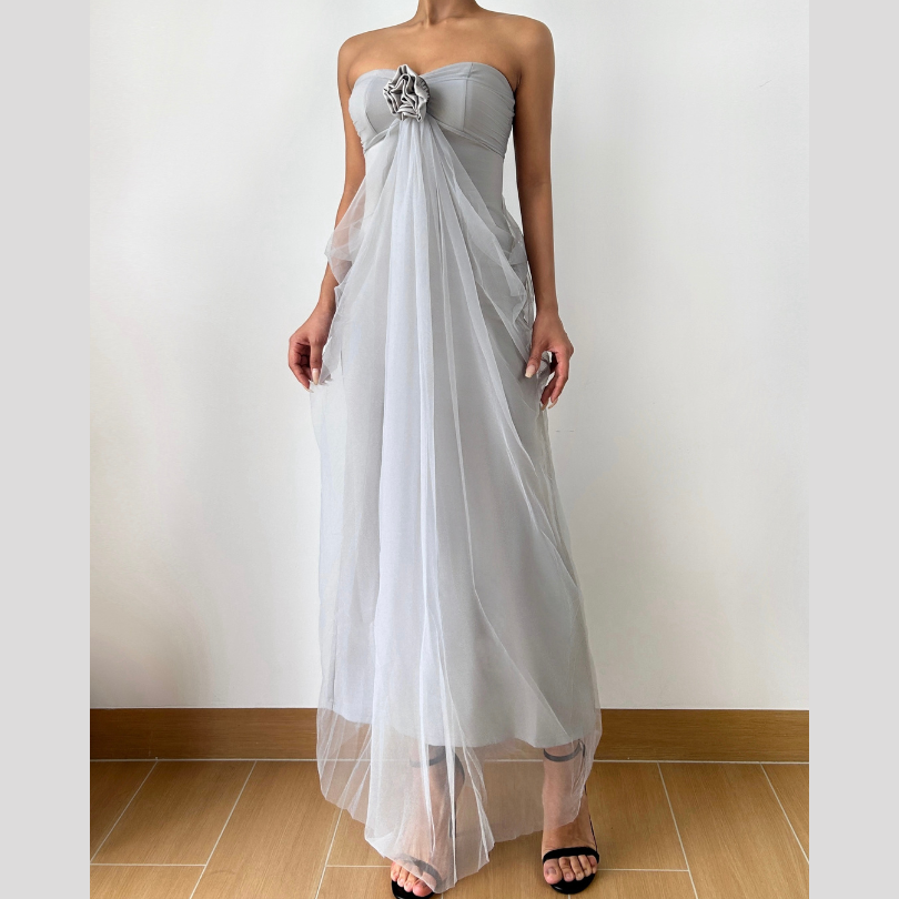 Ruched flower applique mesh tube maxi dress  | Festival Outfits Women
