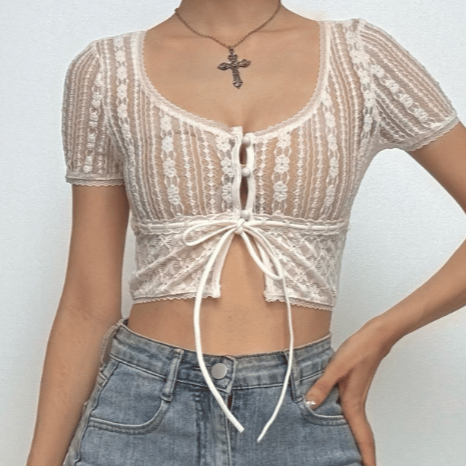 Short sleeve button lace see through crop top  | Festival Outfits Women