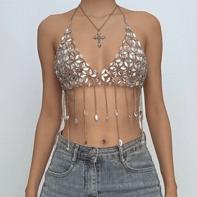 V neck halter tassels backless crop top  | Festival Outfits Women