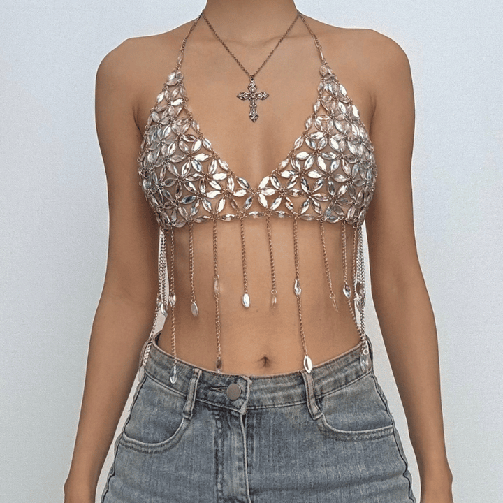 V neck halter tassels backless crop top  | Festival Outfits Women