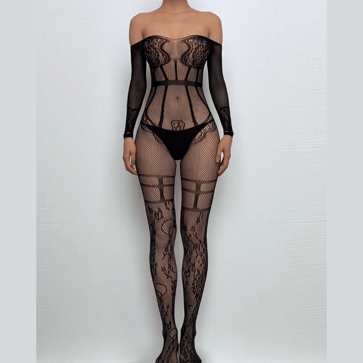 Long sleeve halter off shoulder lace bodystocking  | Festival Outfits Women