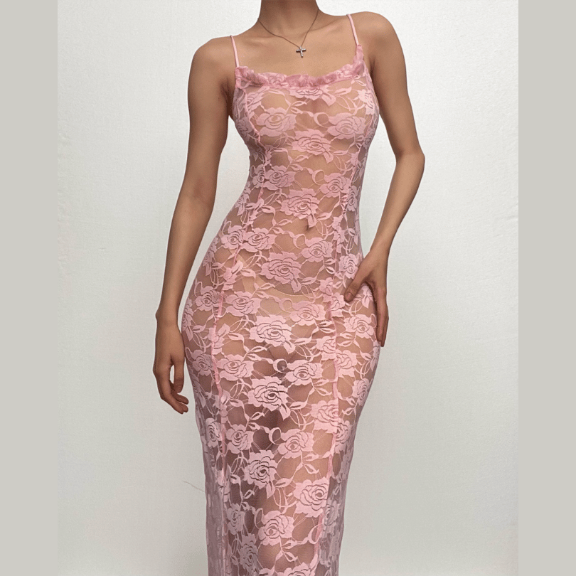 Ruffle lace stitch see through solid cami maxi dress-final-sale  | Festival Outfits Women