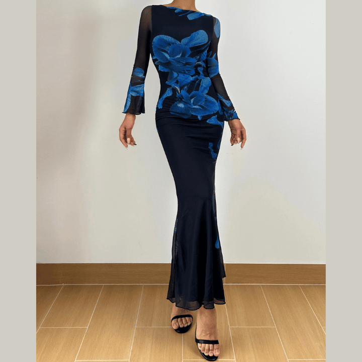 Long sleeve flower print mesh ruffle maxi dress  | Festival Outfits Women-final-sale