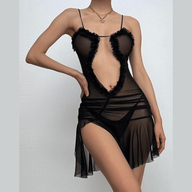 Ruched ruffle slit sheer mesh hollow out cami cut out mini dress-final-sale