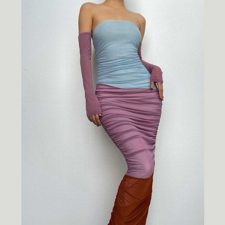 Mesh ruched contrast patchwork off shoulder maxi tube dress-final-sale  | Festival Outfits Women