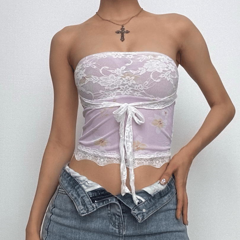 Sheer Mesh Lace Self Tie Front Floral Print Tube Top Halibuy 2680