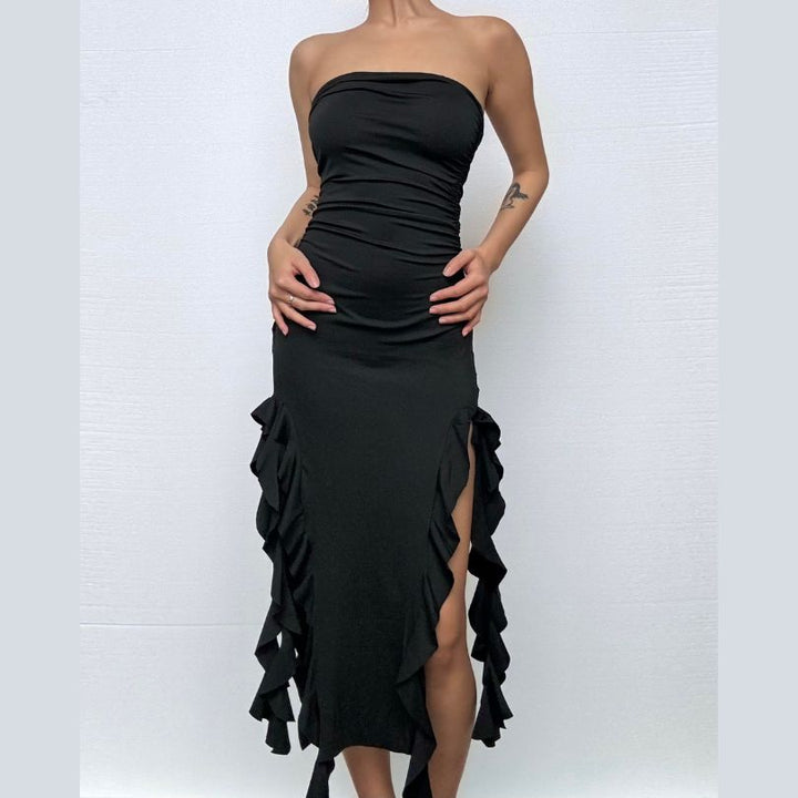 Solid slit irregular ruffle ribbon backless tube midi dress - Final Sale