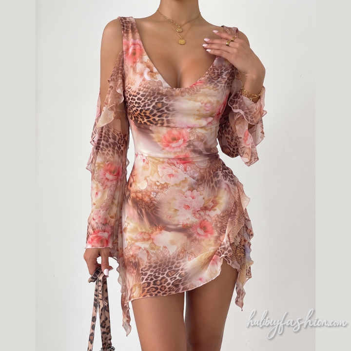 Mesh cowl neck flower print long sleeve mini dress