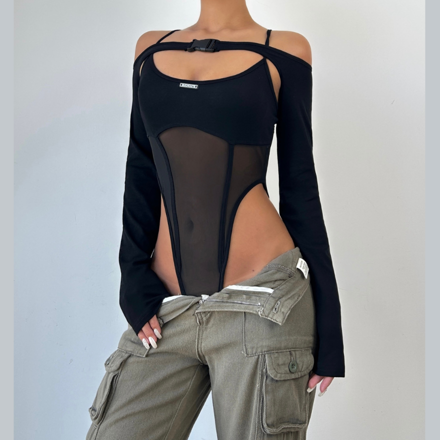 Buckle mesh off shoulder long sleeve solid shrug 2 piece bodysuit  | Festival Outfits Women