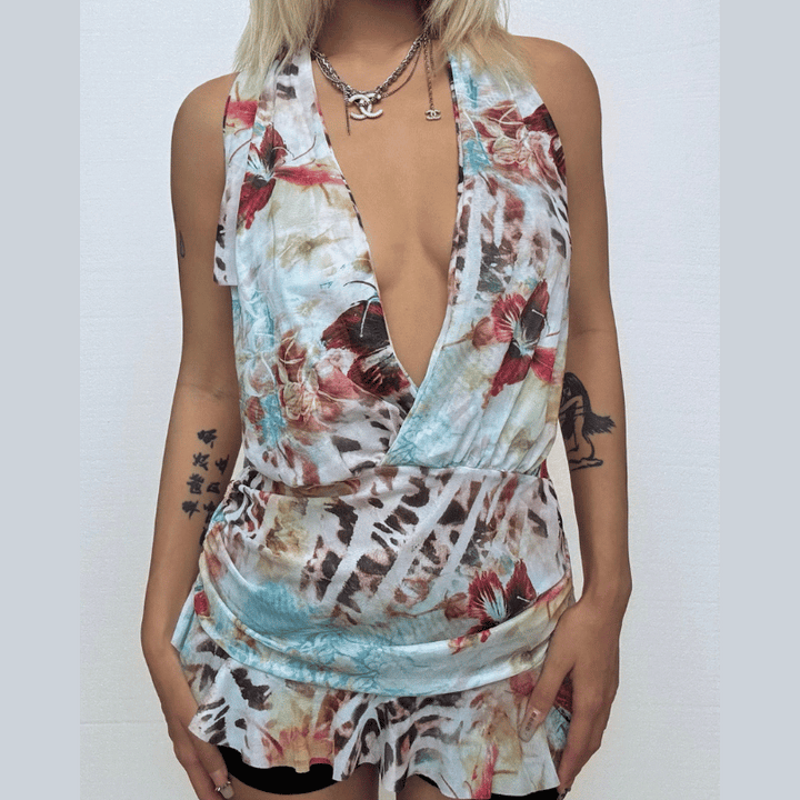 Irregular halter deep V neck print sheer mesh mini dress  | Festival Outfits Women-final-sale