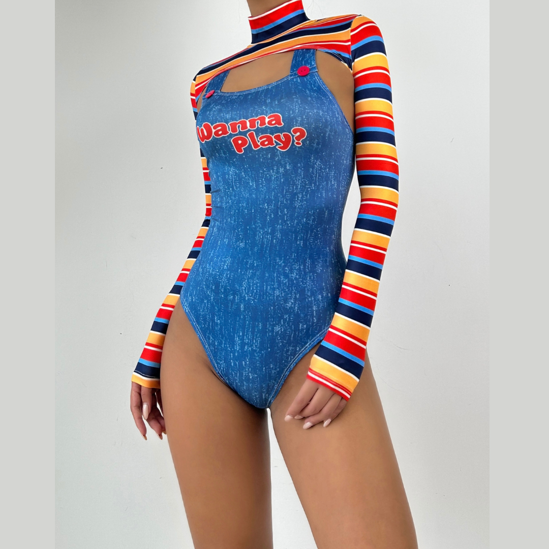 Long sleeve high neck letter pattern 2 piece bodysuit  | Festival Outfits Women-final-sale