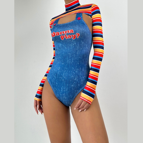 Long sleeve high neck letter pattern 2 piece bodysuit  | Festival Outfits Women-final-sale