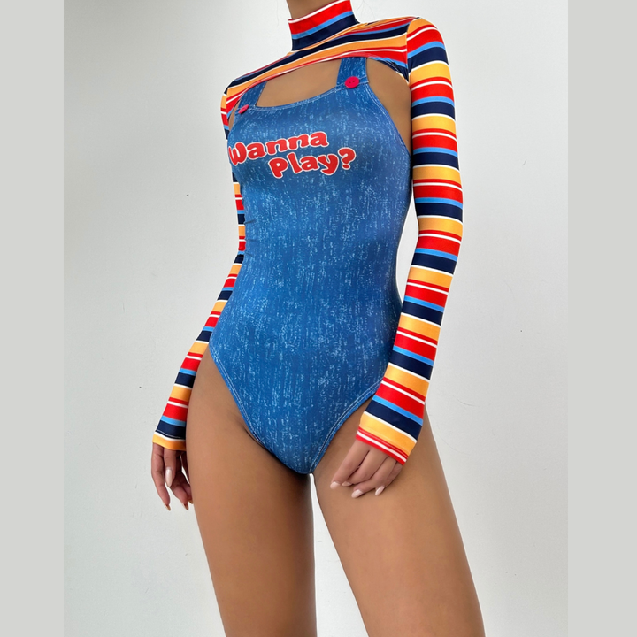 Long sleeve high neck letter pattern 2 piece bodysuit  | Festival Outfits Women-final-sale