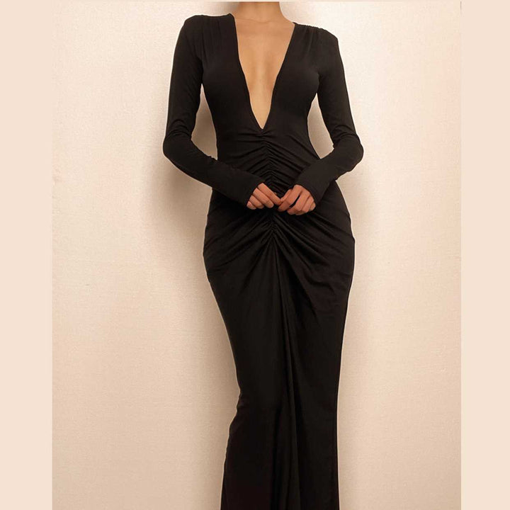 Ruched long sleeve v neck solid 2-way maxi dress-final-sale  | Festival Outfits Women